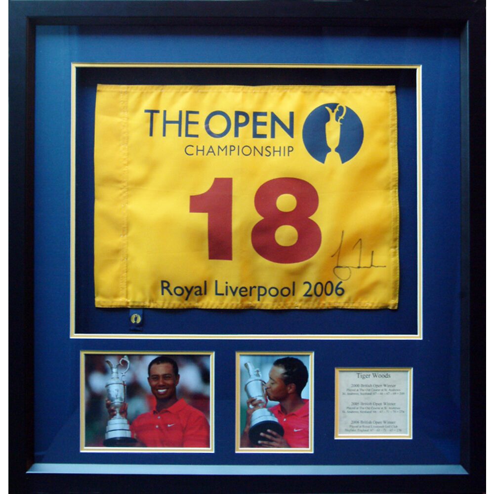 Framed Tiger Woods Signed 2006 The Open Pin Flag