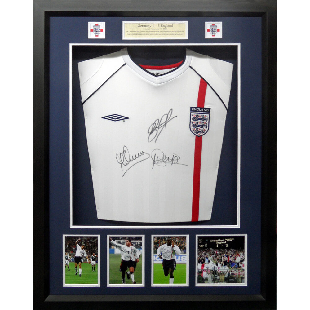Framed England Shirt Signed by Owen Heskey & Gerrard