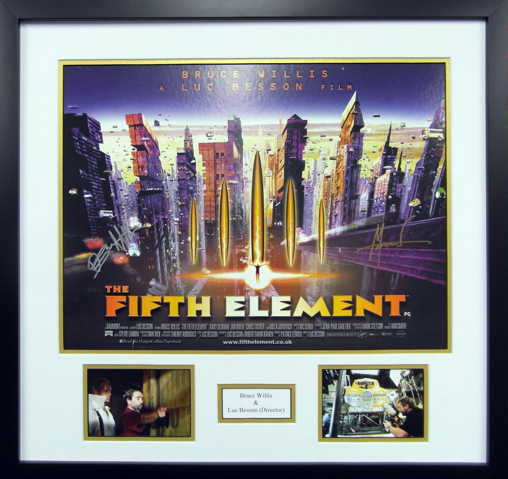 Framed Fifth Element Mini Poster Signed by Bruce Willis & Luc Besson