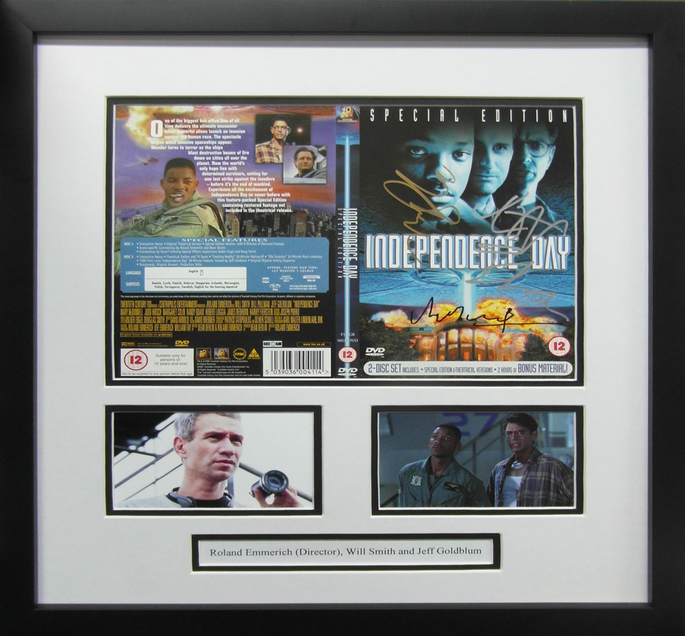 Framed Independence Day Signed DVD Cover Signed by Will Smith, Roland Emmerich & Jeff Goldblum