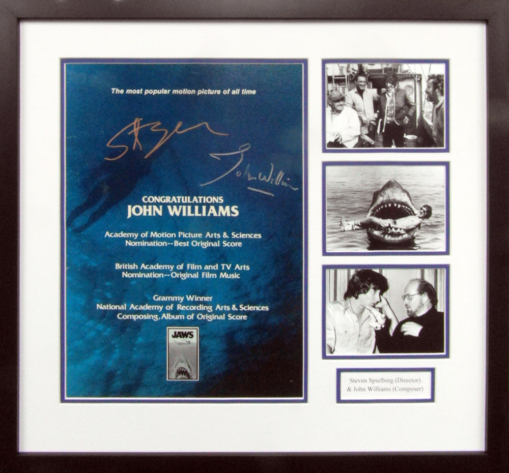 Framed Jaws Magazine Page Signed by Steven Spielberg & John Williams