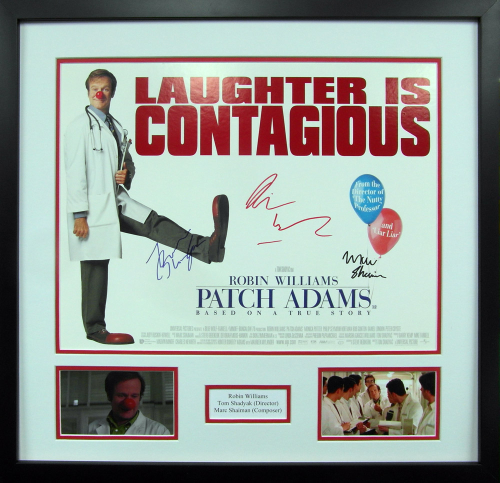 Framed Patch Adams Mini Poster Signed by Robin Williams, Tom Shadyac & Marc Shaiman