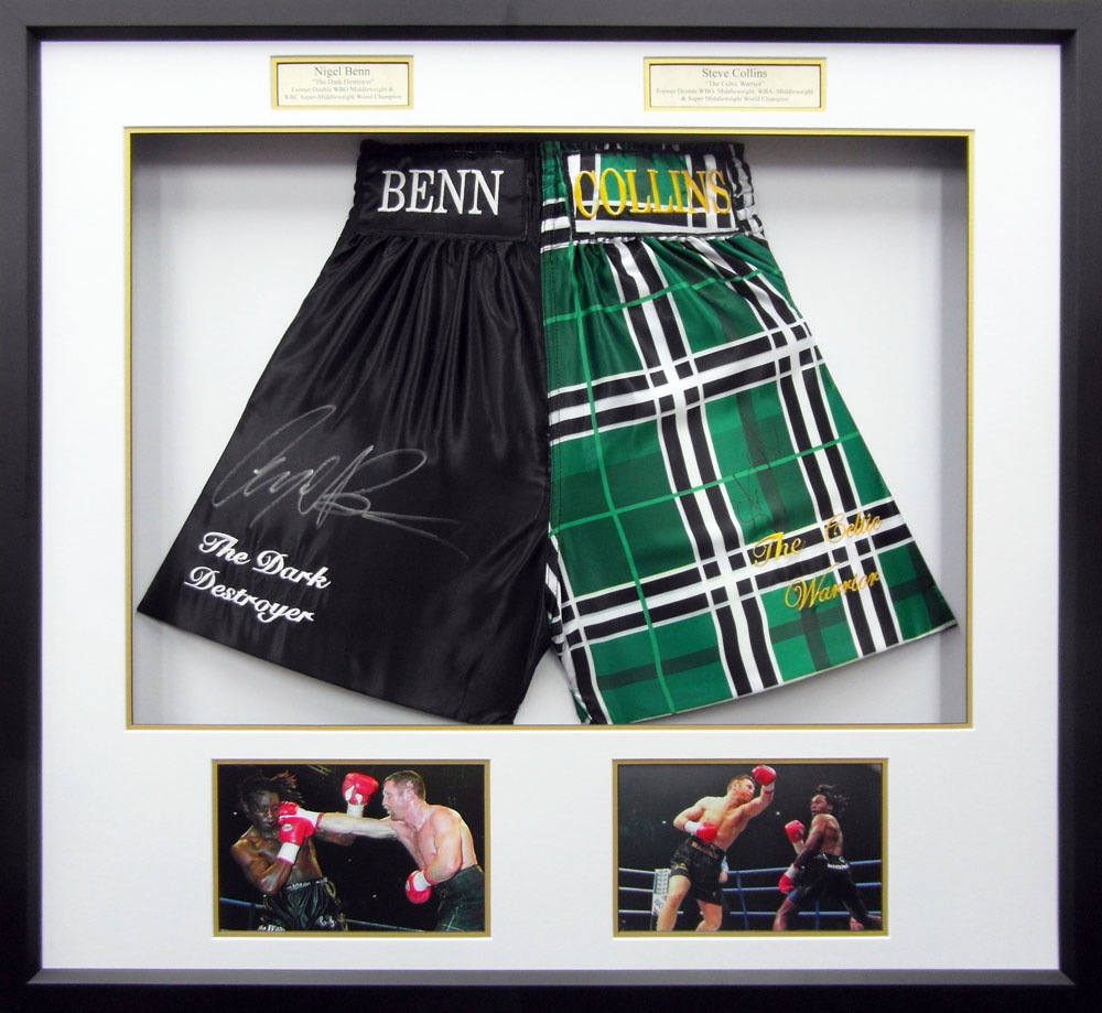 Framed Steve Collins & Nigel Benn Signed Boxing Shorts