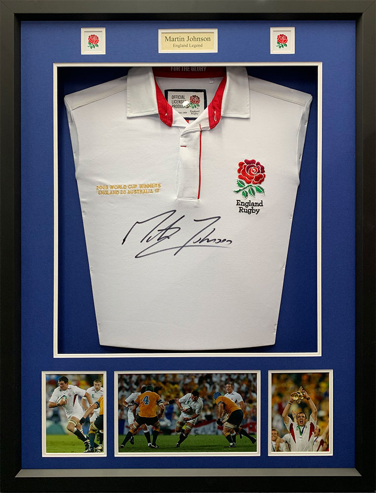Framed Martin Johnson Signed England 2003 Embroidery Shirt